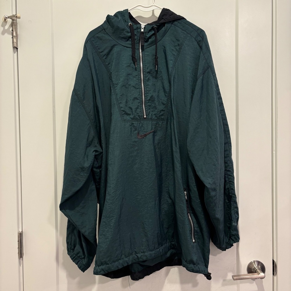 Vintage Nike Windbreaker Mens XL Forest Green Half Zip Hooded Jacket 90s